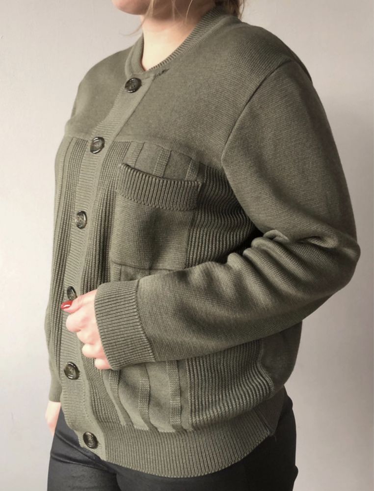 Khaki sweterek vintage grandpa sweater wełna L