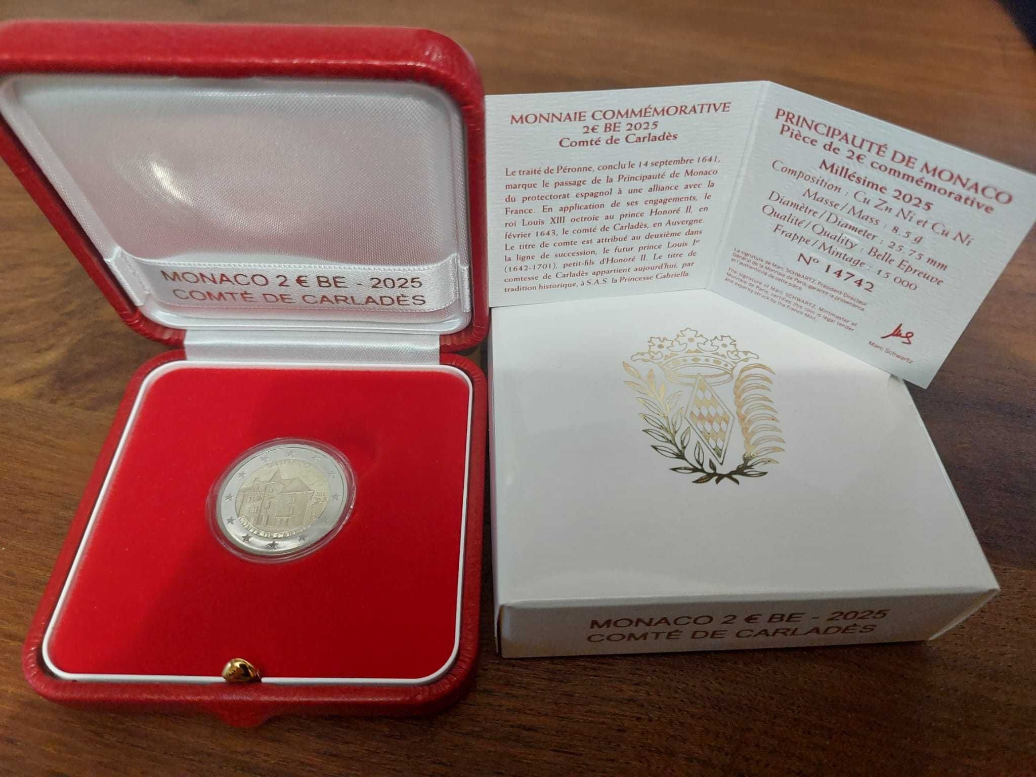 Moeda 2€ Comemorativa Proof Mónaco 2025 - Condado de Carladès