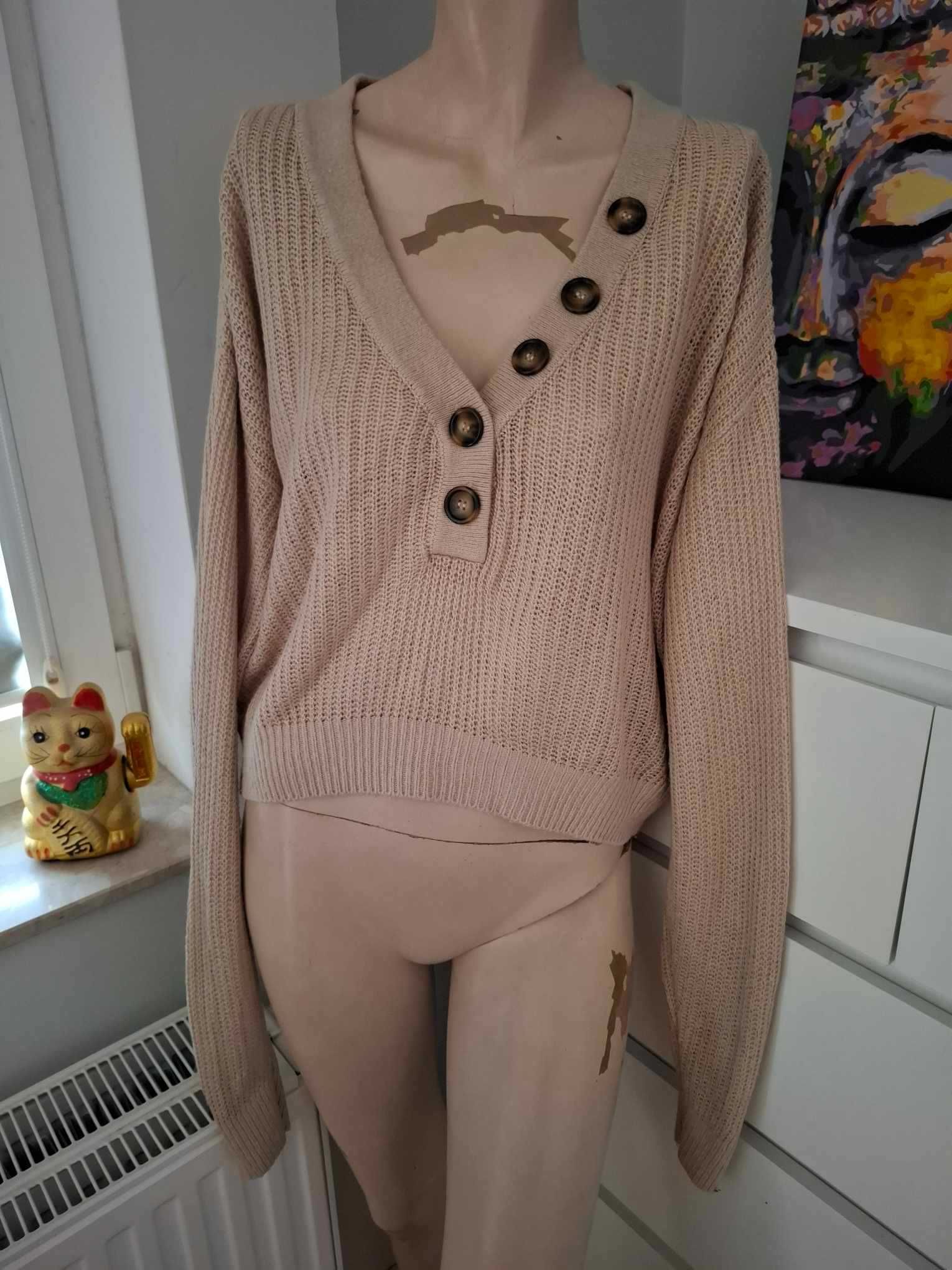 S 36 H&M bezowy sweter z długim rękawem z dekoltem v dekolt serek