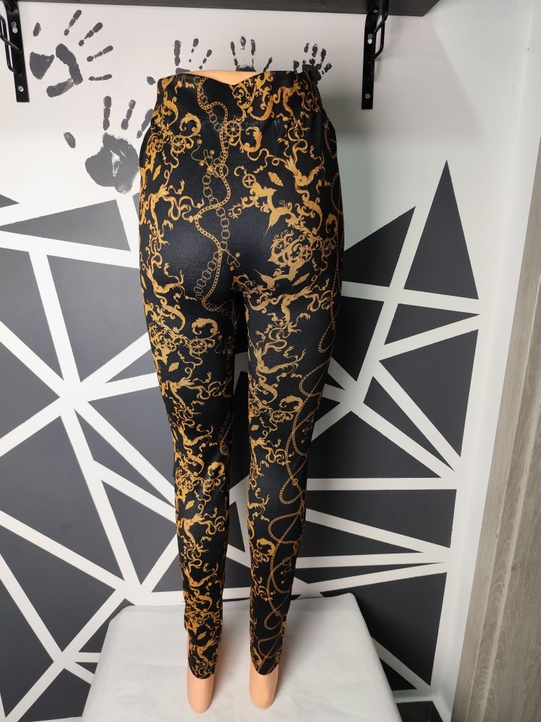NOWE Damskie czarne legginsy złoty wzór rozmiar M