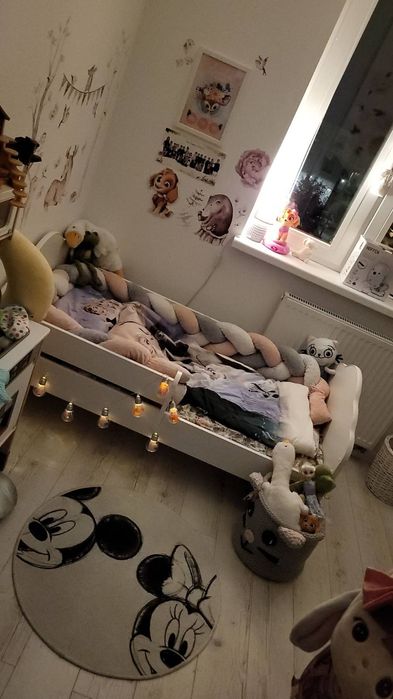 Łóżko dziecięce białe dziewczynka jednorożec 140x70 barierka + materac