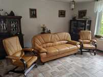 Kanapa wersalka sofa + dwa fotele, naturalna skóra