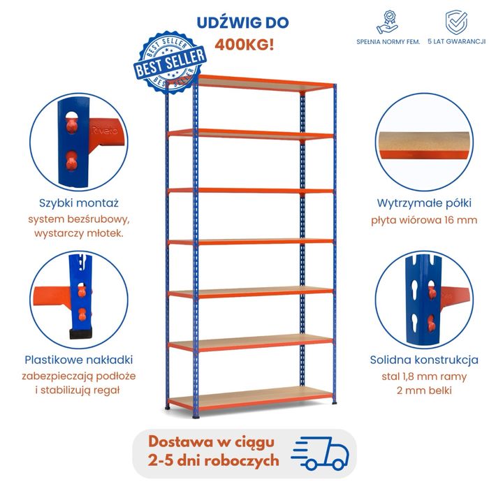 Regały magazynowe półkowe do lekkich i ciężkich ładunków. Gwarancja 5L