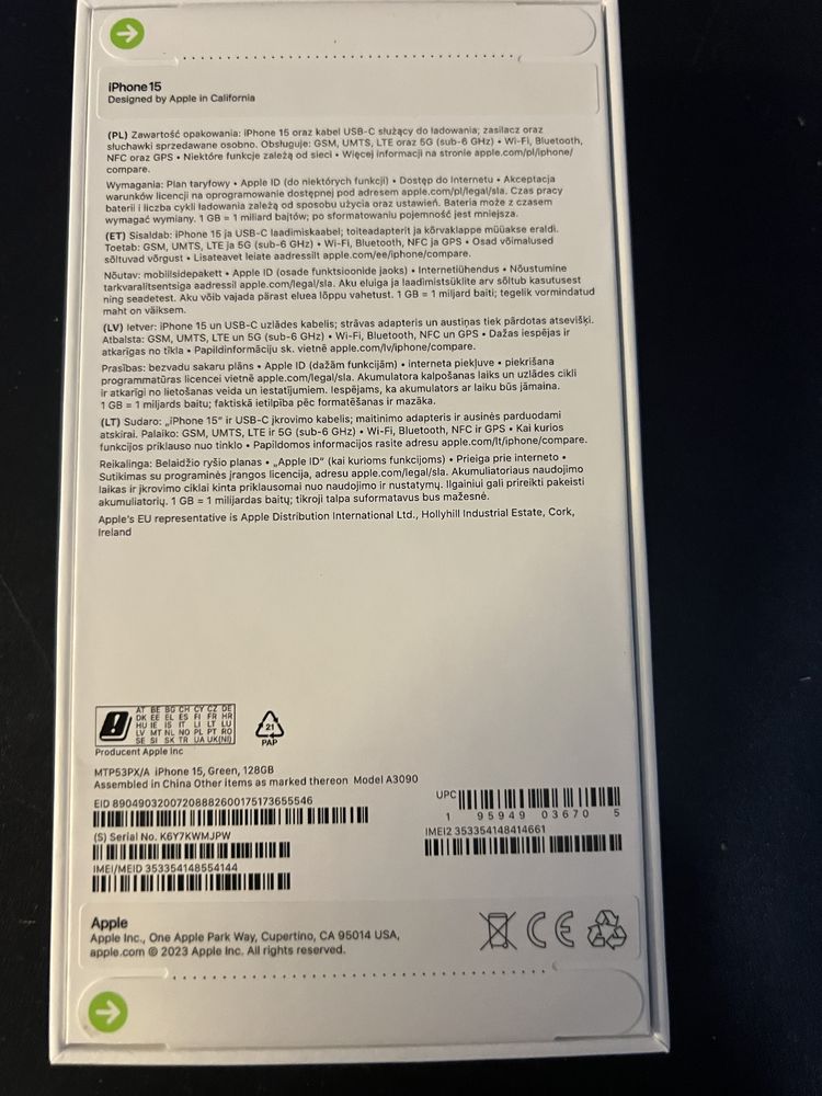 iPhone 15 Green 128GB  nowy  zamkniety  paragon Gwarancja 24m