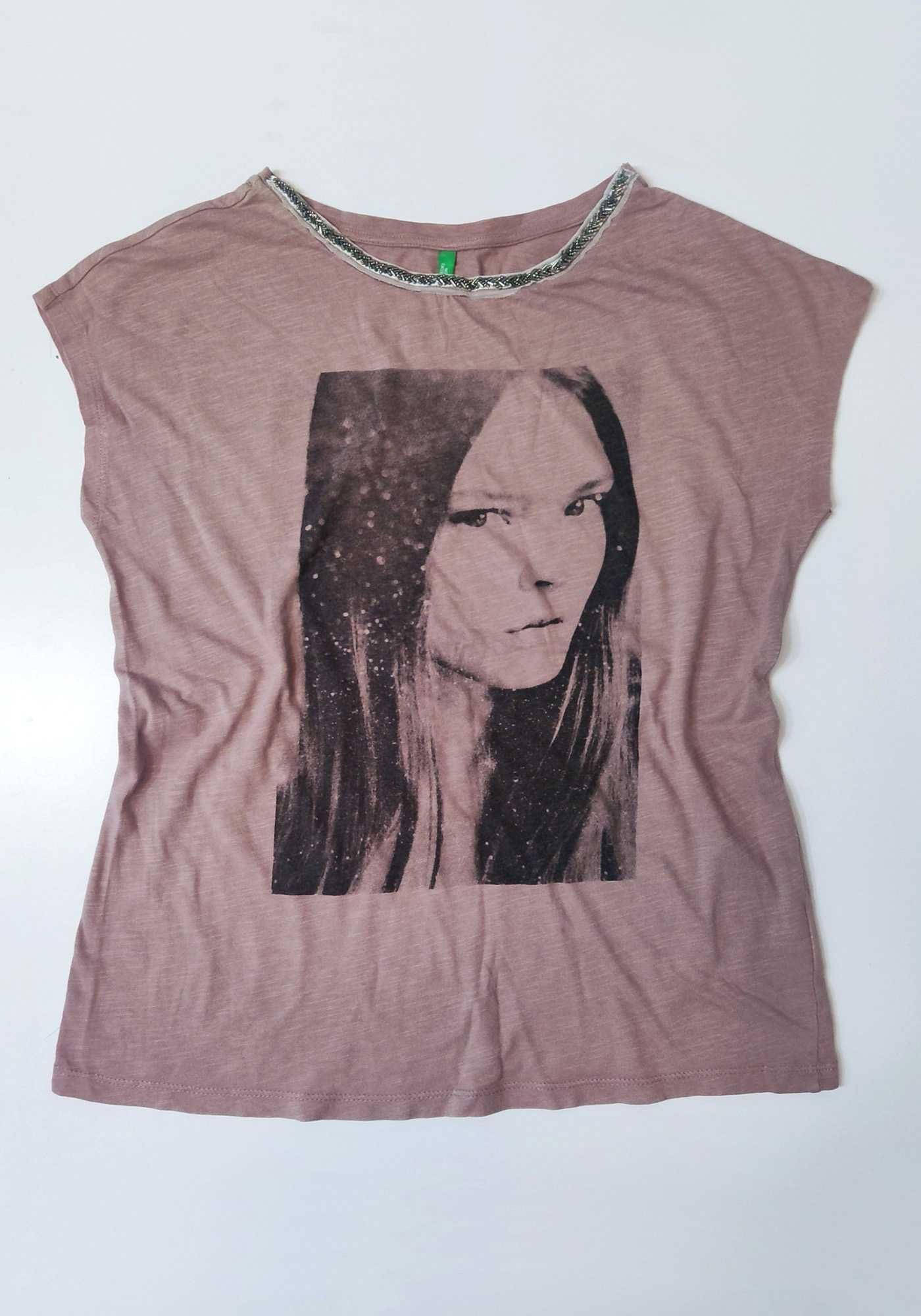 Bluzka XS 34 S 36 BENETTON koraliki brąz T-shirt H&M fiolet krótki ręk