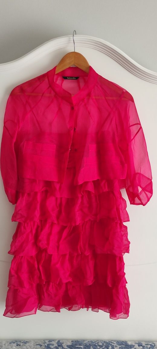 Conjunto de seda vestido & jaqueta cerimónia c/ folhos fuxia