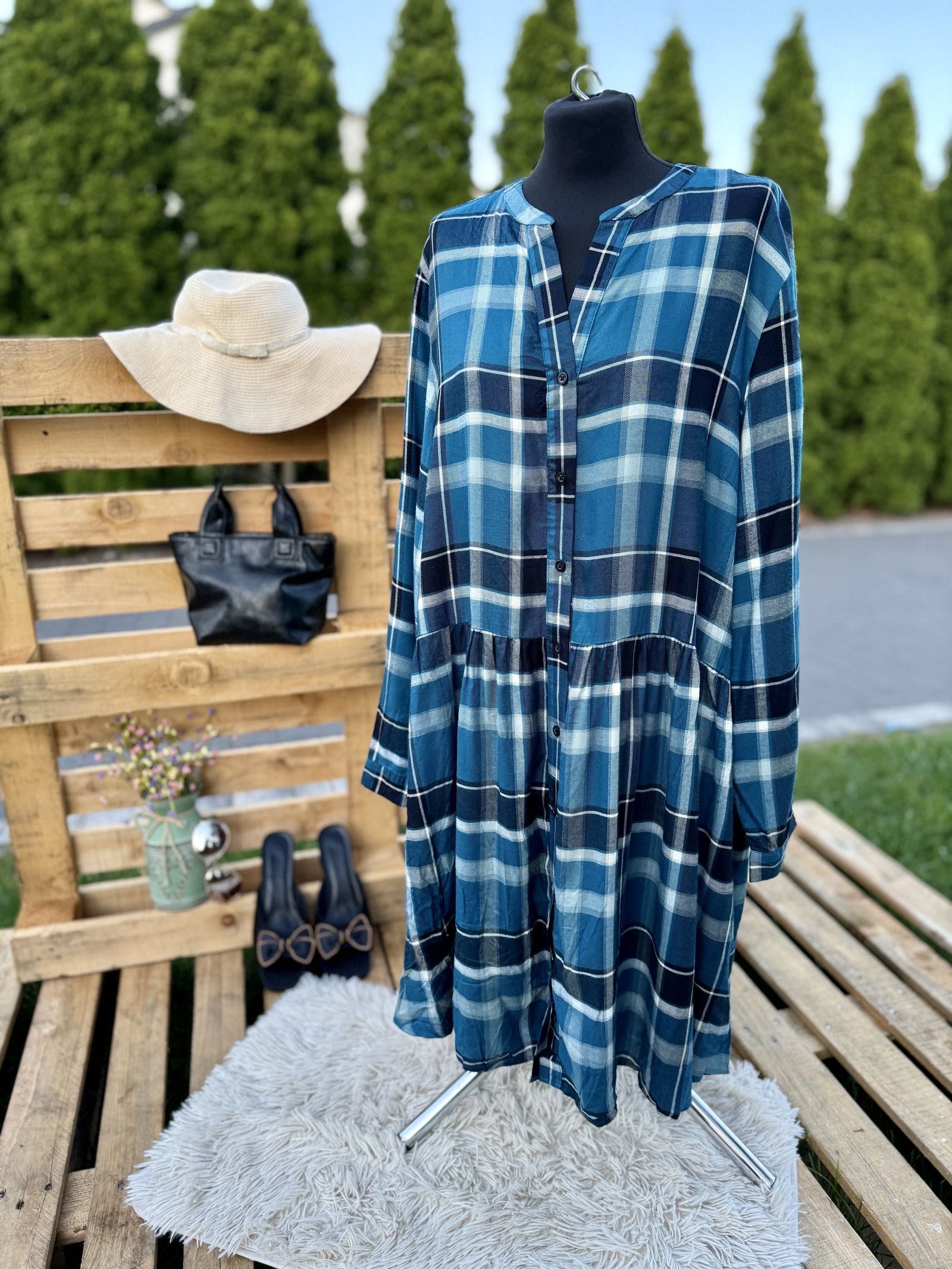"Sukienka W Kratkę" Oversize |Nietoperz|Wiskoza| R.48 | 100 Cm Dł "