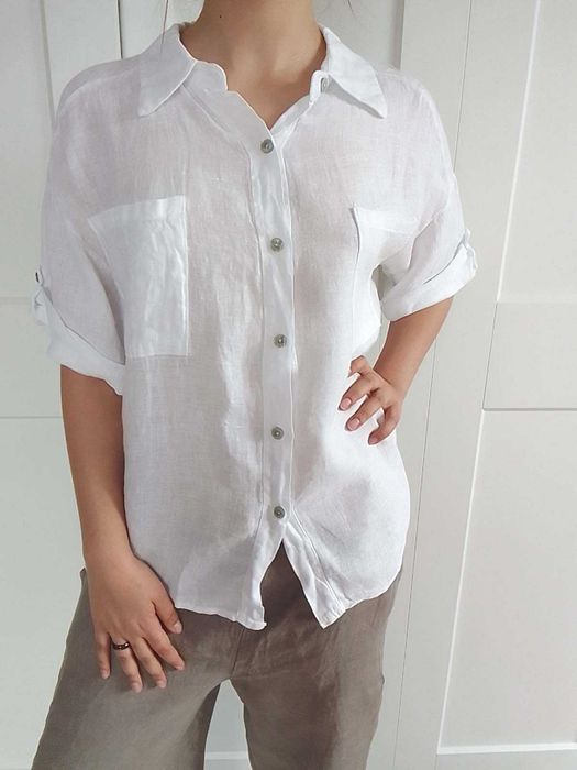 Nowa lniana biała koszula bluzka 100% len puro lino S M L uniwersalna