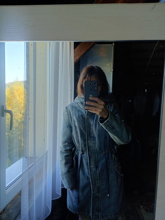 Długa parka jeansowa Ciemna zimowa cała na misiu