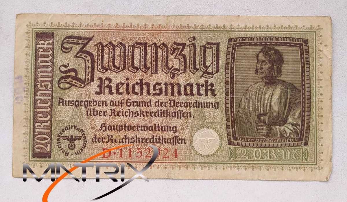 Банкнота 20 рейхсмарок оккупация Украины 1940-1945