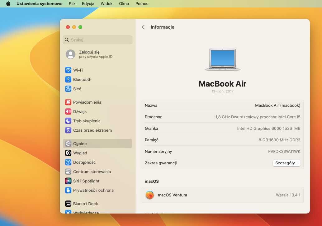 Idealny MacBook Air 13 A1466 / 2017 i5 8GB 128GB 89 Cykli OS Ventura