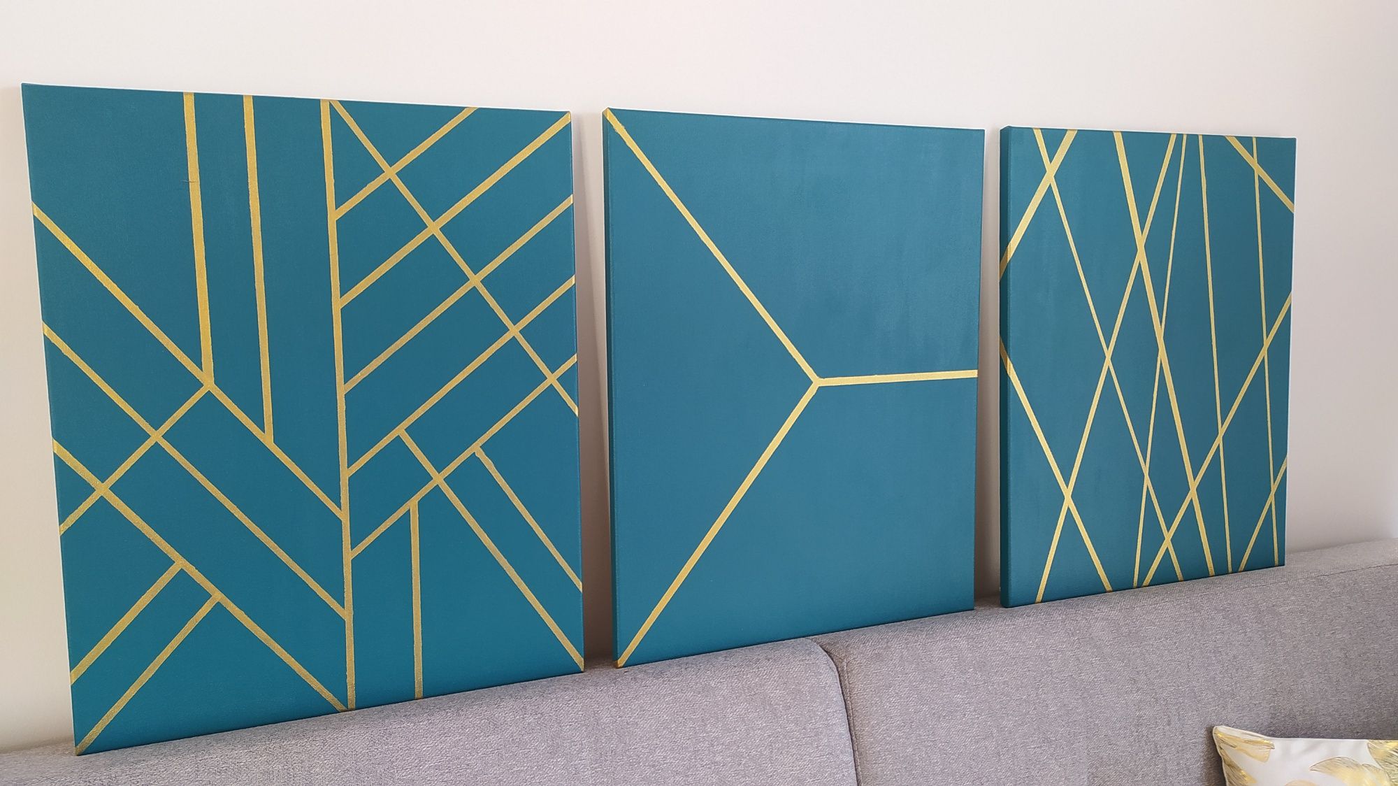 Tryptyk złoto i szmaragd nowoczesny obraz abstrakcja 40x50 / 120x50