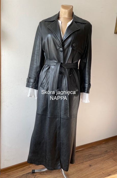 Skóra naturalna NAPPA,  płaszcz skórzany maxi z paskiem, vintage