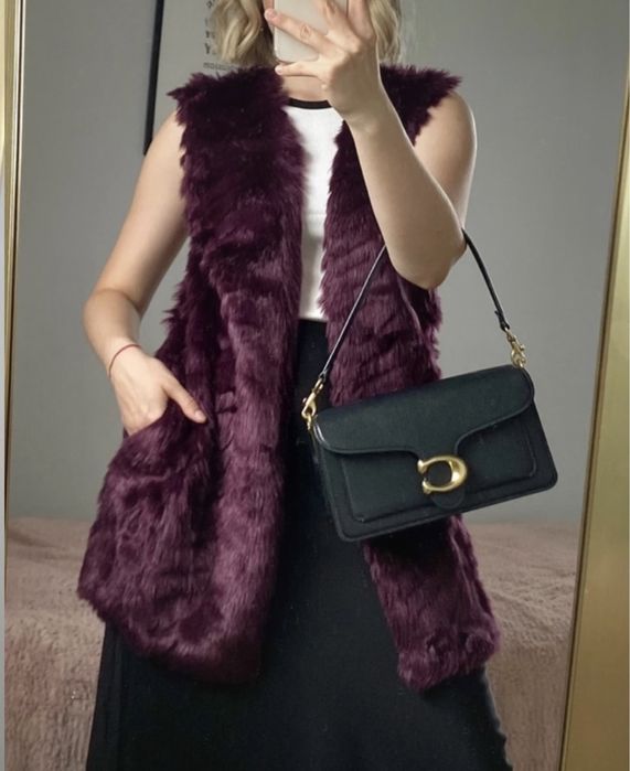 Bordowe śliwkowe futerko kamizelka futro bezrekawnik pleciony S