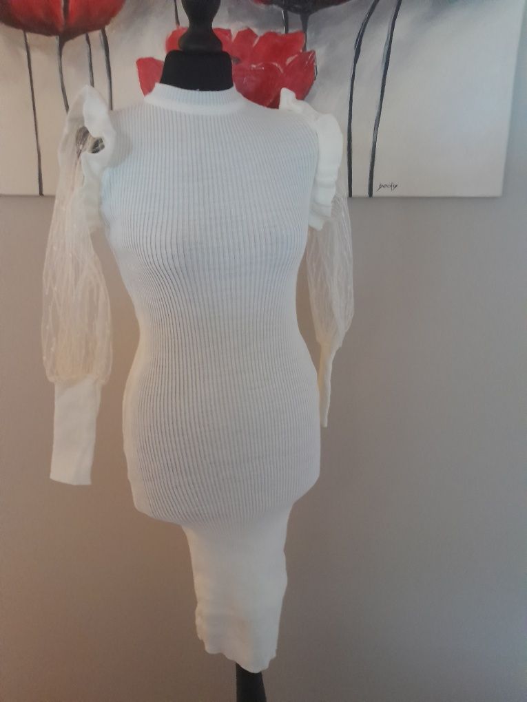 Sukienka dopsowana długi koronkowy rękaw sweterkowa XS S M 34 36, 38