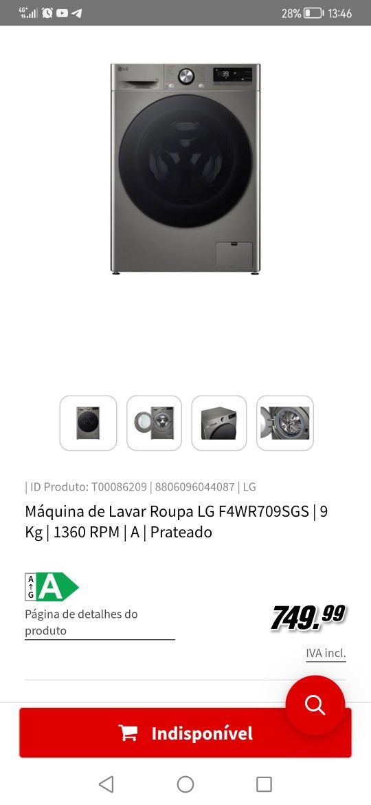 Máquina de lavar roupa LG com 1 ano