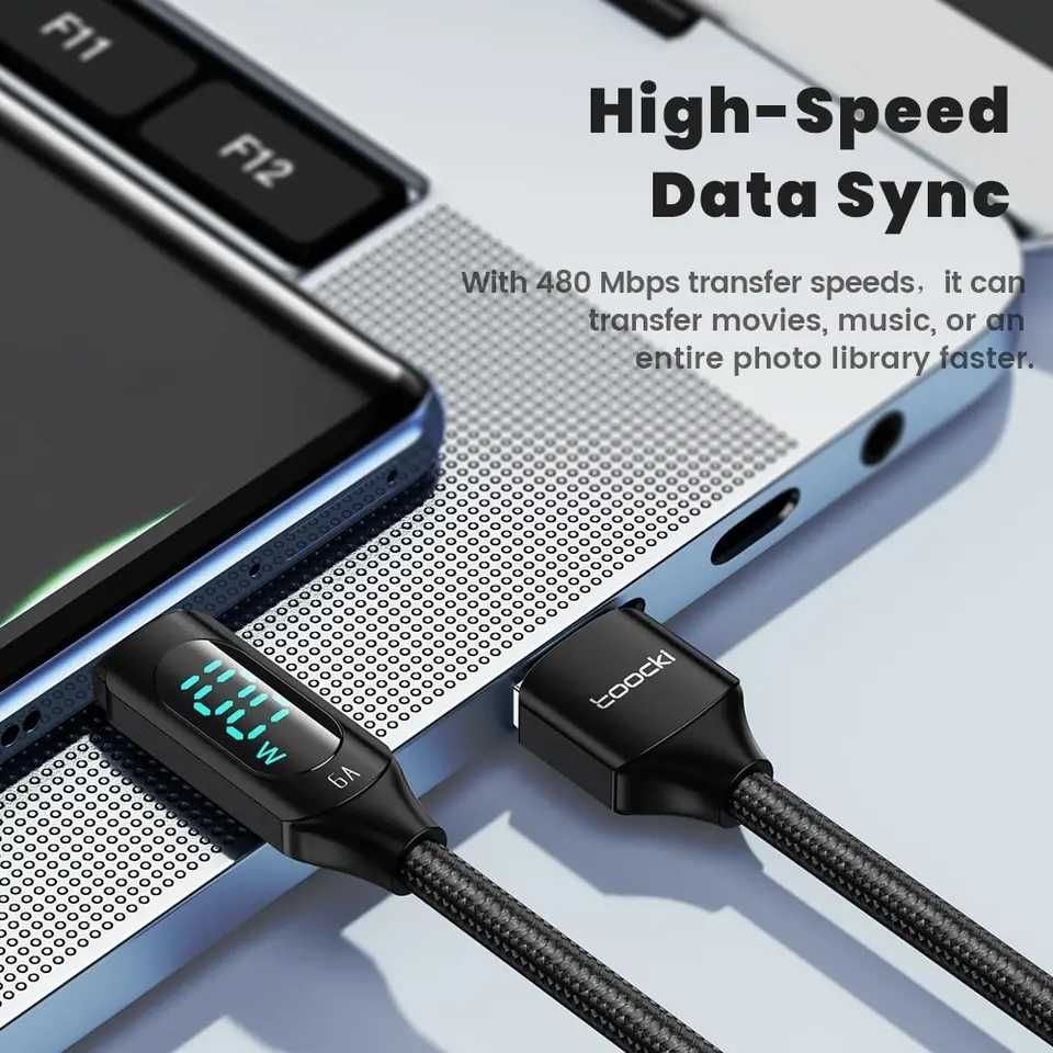 Kabel Ładowania 2m USB-C USB-A 100W LED - Toocki Przewód Oplot Czarny