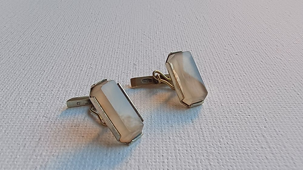 Stylowe srebrne spinki do mankietów z kwarcem dymnym,s.875, ZSRR