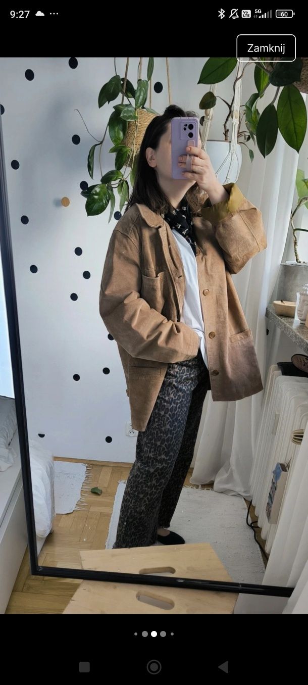 Beżowa brązowa skórzana kurtka katana vintage maxi camel oversizowa za