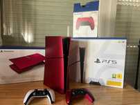 PS5 Slim 1Tb + comandos Branco e Cosmic Red + placas vermelhas