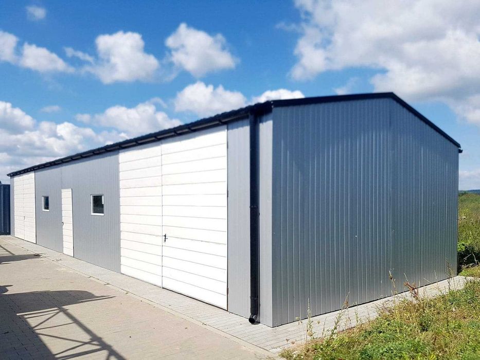 Blaszana hala 18×6m Okno Drzwi Rynna - srebrny/ biały