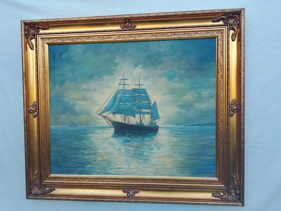 Stary obraz na płótnie Jorgen Bille 1915- 1985 żaglowiec .