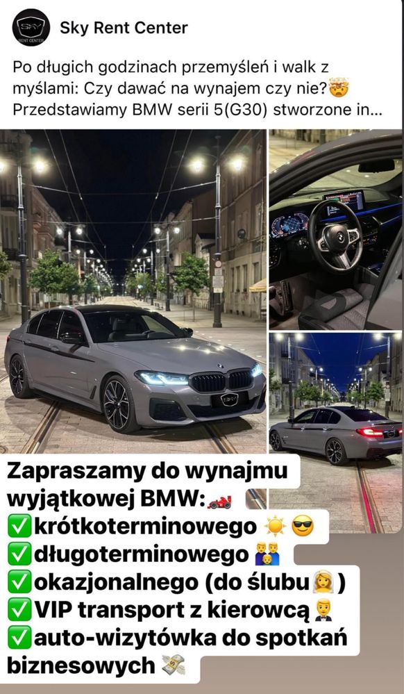 Wynajem BMW 5(G30) M Performance. Krótkoterminowy,długoterminowy,ślub