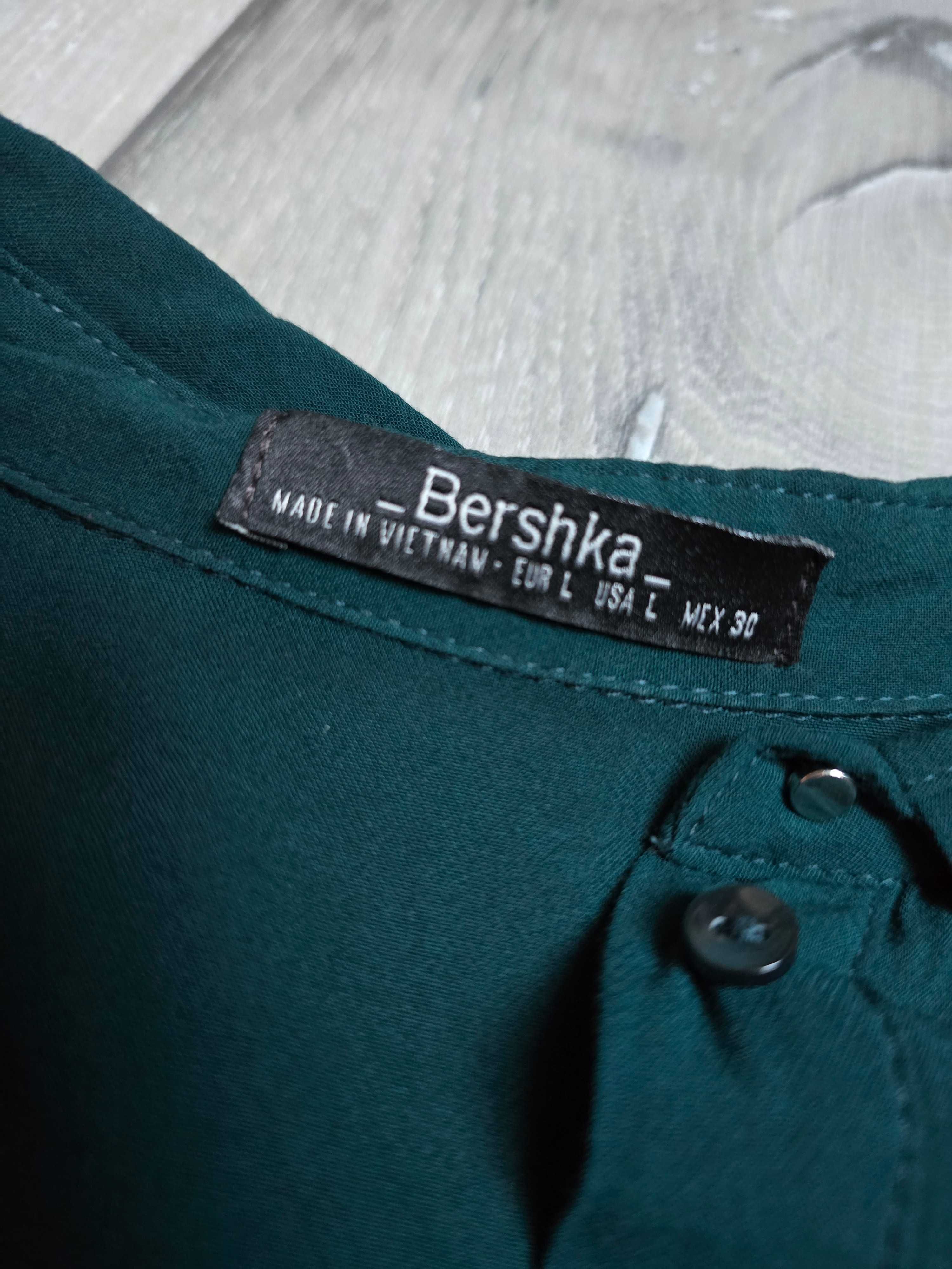 Bershka Koszula z długim rękawem rozmiar L butelkowa zieleń zwiewna