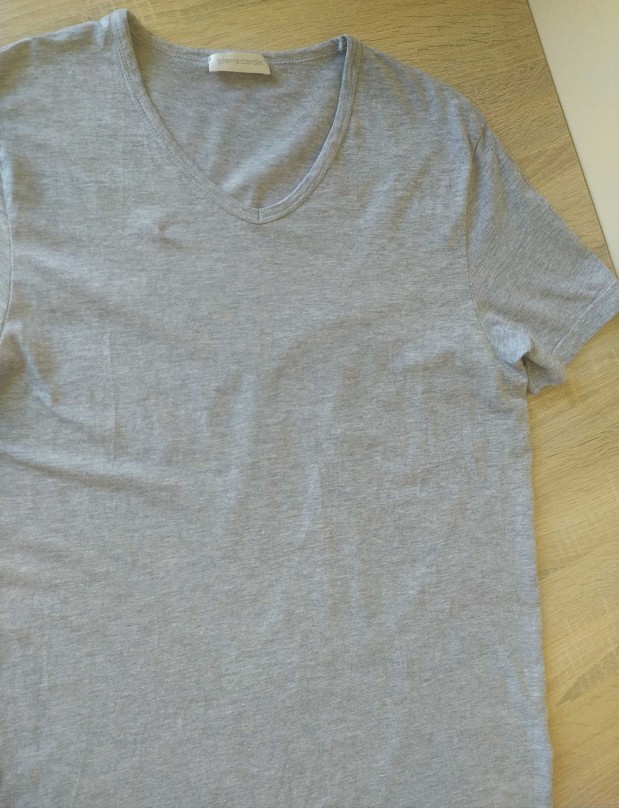 Szara bawełniana bluzka/T-shirt, dekolt V, Pierre Cardin, rozmiar L/40