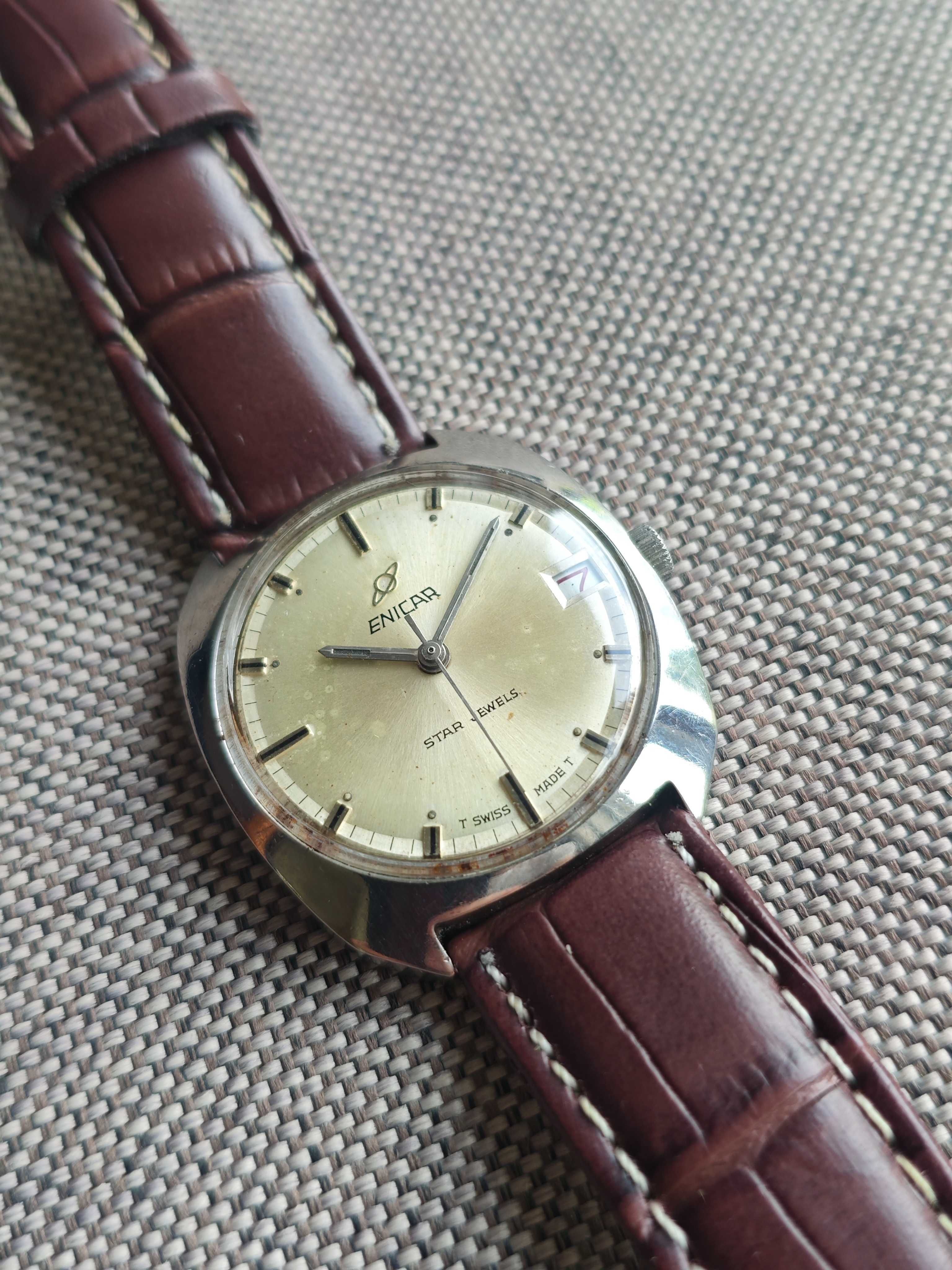 cały stalowy ENICAR mechaniczny zegarek nakręcany SWISS MADE retro