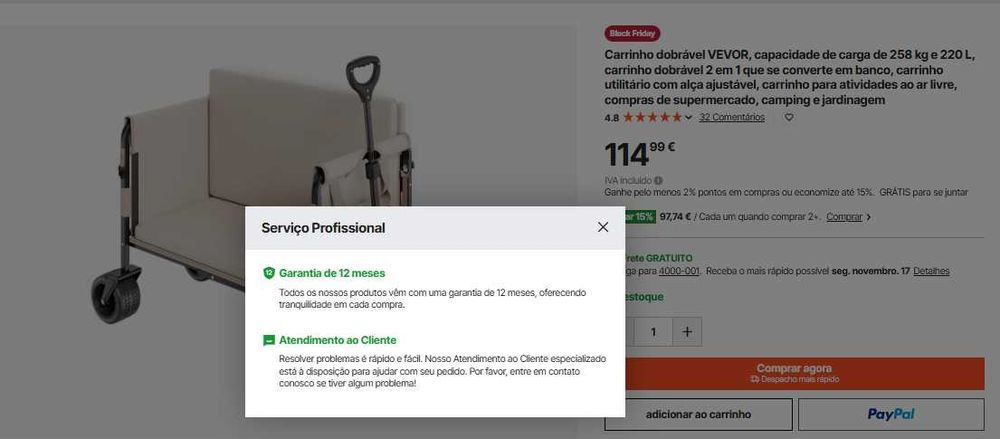 Carrinho Dobrável VEVOR 2-em-1 – Novo, Nunca Usado, Capacidade 258 kg