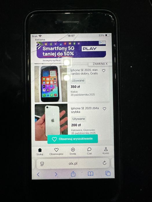 iphone se 2020 pekniety rog szybki okazja 73% baterii