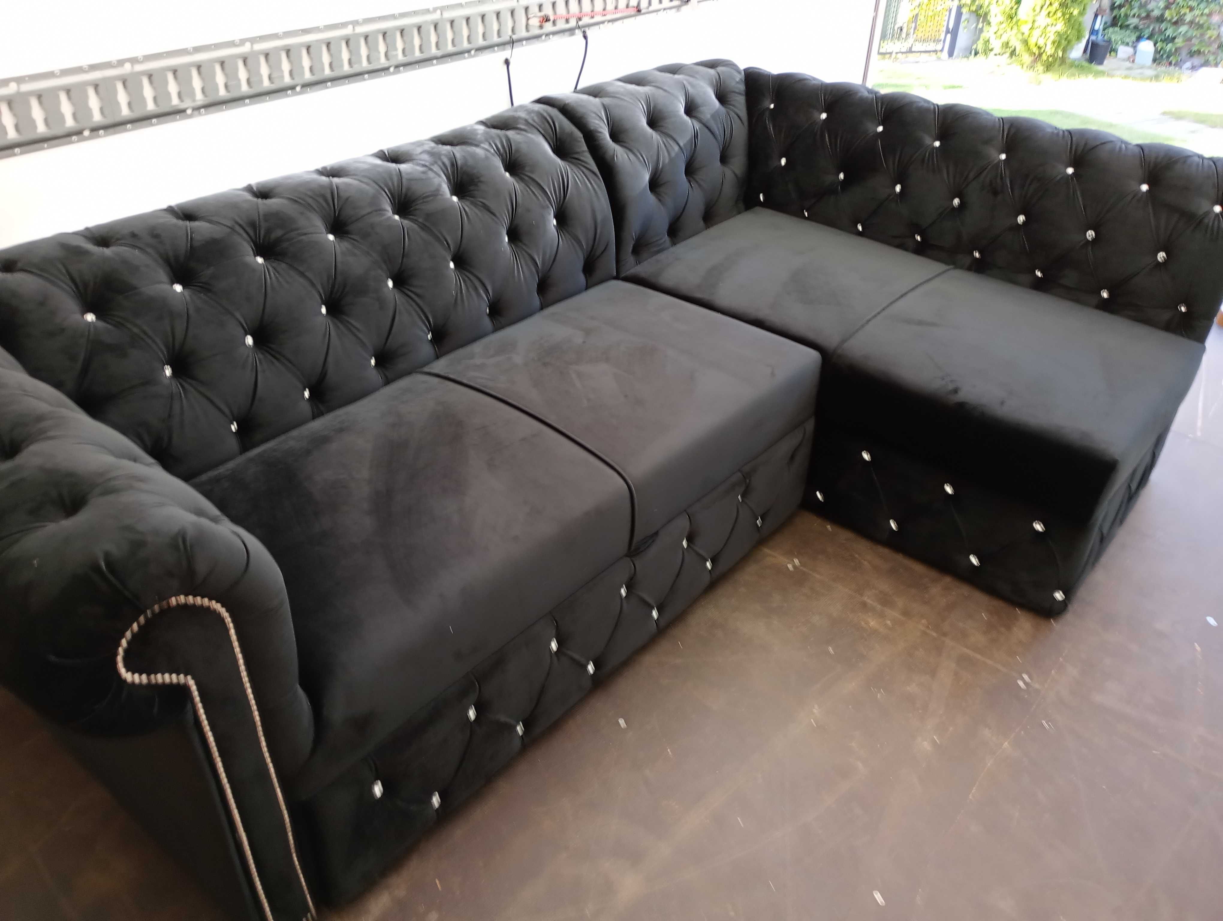 Narożnik czarny velur chesterfield 260x160 od ręki .rozkladany