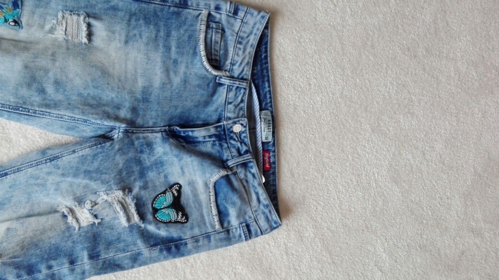 Spodnie jeans 34 boyfriend jak nowe dziury naszywki