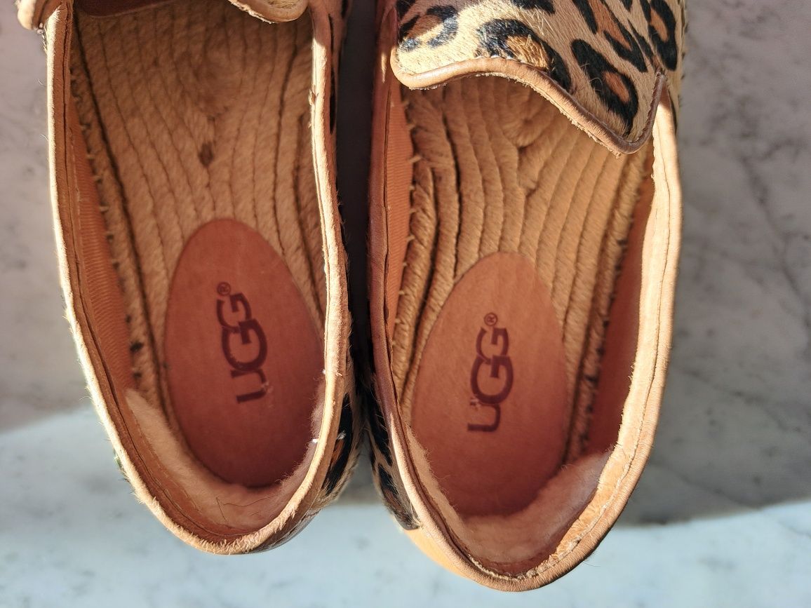 UGG piękne espadryle skórzane leopard z włosiem