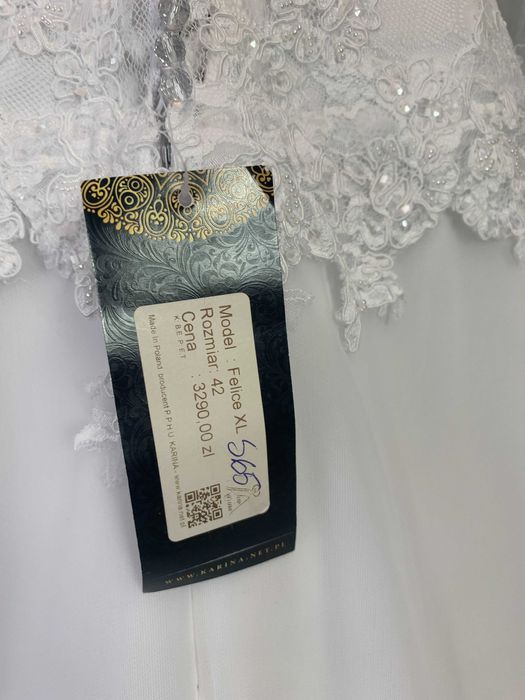 Nowa suknia ślubna 42 XL tren biała zakryty dekolt na ślub kościelny