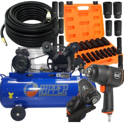 Kompresor 100L V RIPPER 230V + Klucz BJC + Nasadki Udar BJC + Wąż