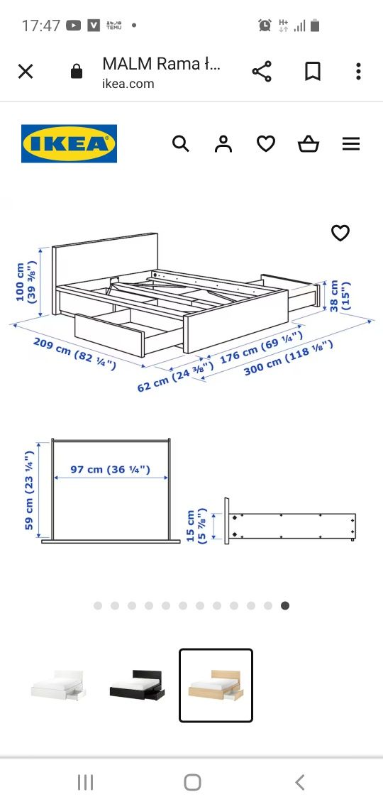 Łóżko IKEA MALM 160x200 z materacem, szufladami i szafkami nocnymi