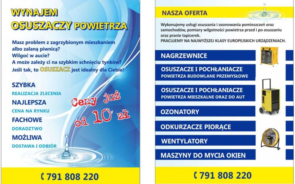 WYPOŻYCZALNIA osuszacz powietrza  OZONATOR pranie tapicerki