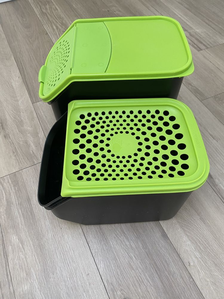 Tulhas Tupperware cebolas e batatas