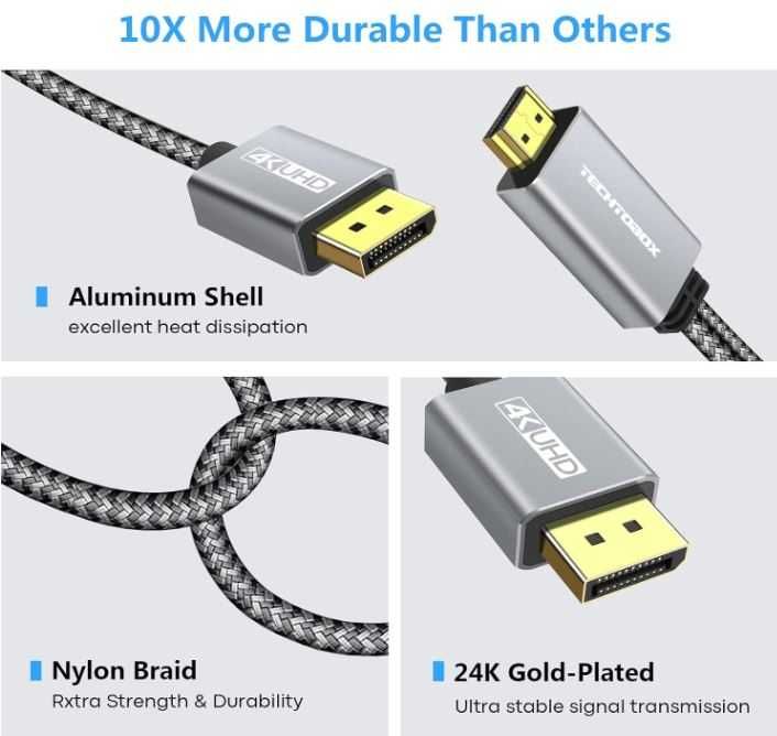 TECHTOBOX Kabel HDMI na DisplayPort 4K60Hz 2K120Hz 2m