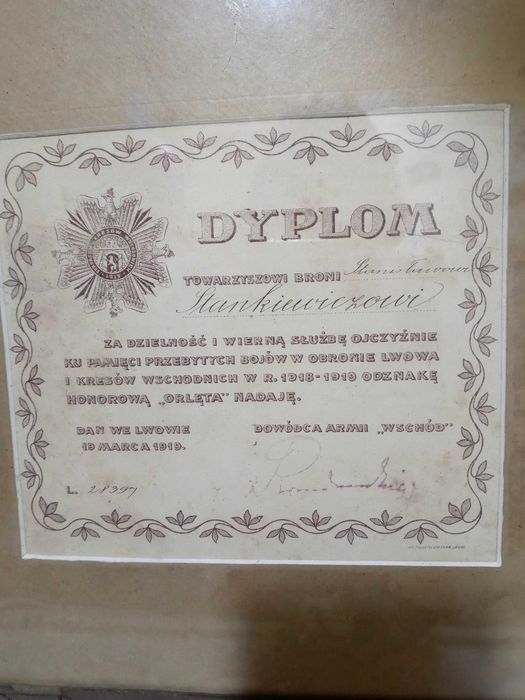 Dyplom do odznaki honorowej Orląt Lwowskich 1919 roku.