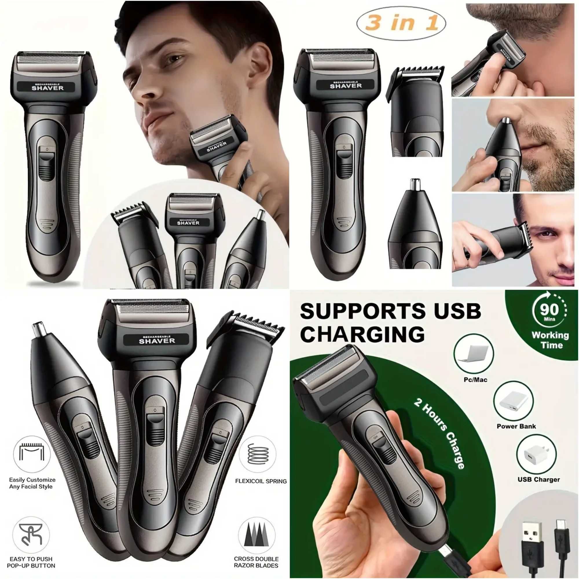 Kit barbeador multifuncional 3 em 1. Recarregável por USB. Novo.
