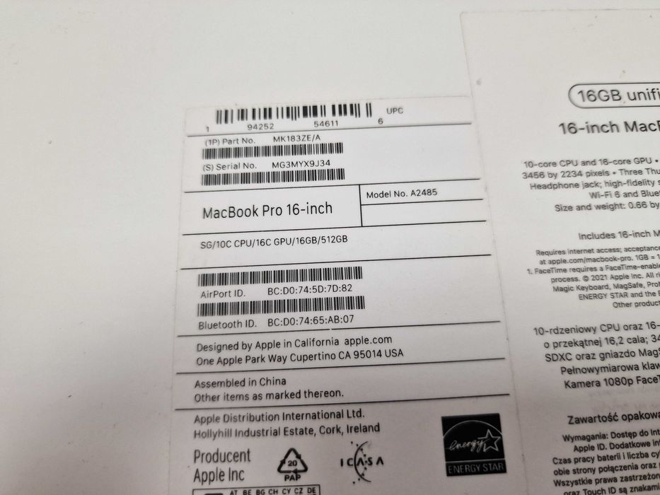 Macbook PRO 16 2021/ M1 PRO/ 16GB/ 500GB/ 6 cykli/ Grade A/ 3456x2234
