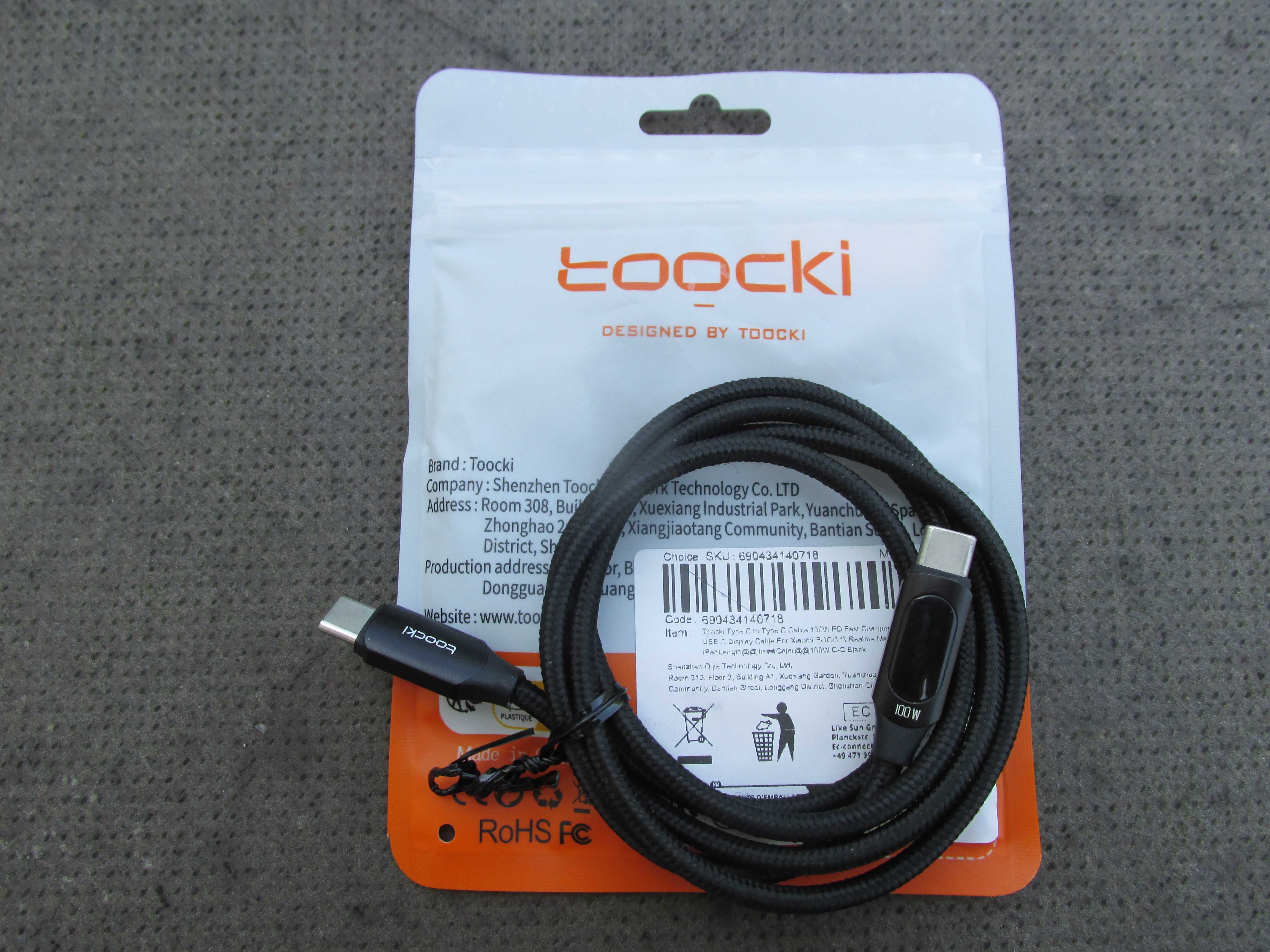 Kabel Toocki USB C/USB-C 100cm 100W z wyświetlaniem prędkości ładowani