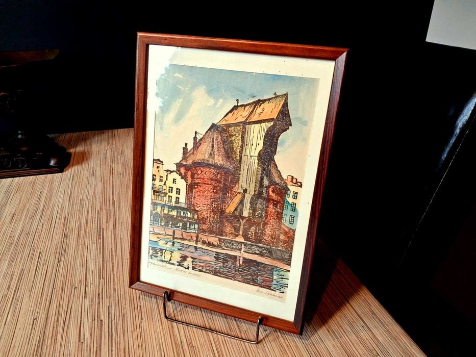 UNIKAT ! Oryginalna grafika H. CZAMAN "GDAŃSK Stary ŻURAW" Sygnowana