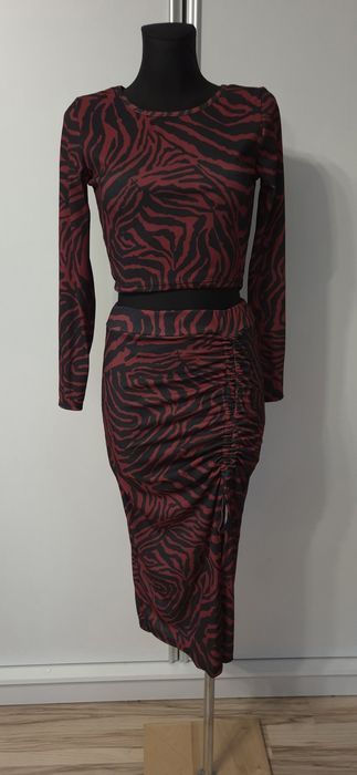 Komplet zebra bordo czarny spódnica maxi z rozcięciem top uni