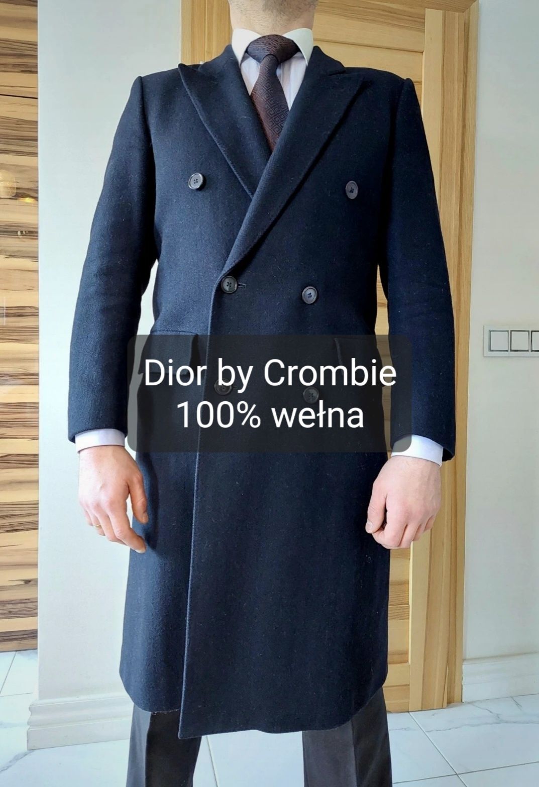 Płaszcz dwurzędowy męski granat 100% wełna Dior by Crombie