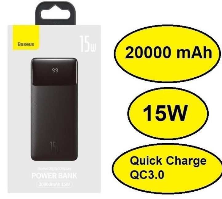 Повербанк Baseus Bipow Digital Display 2USB+Type-C 15W 20000mAh Black