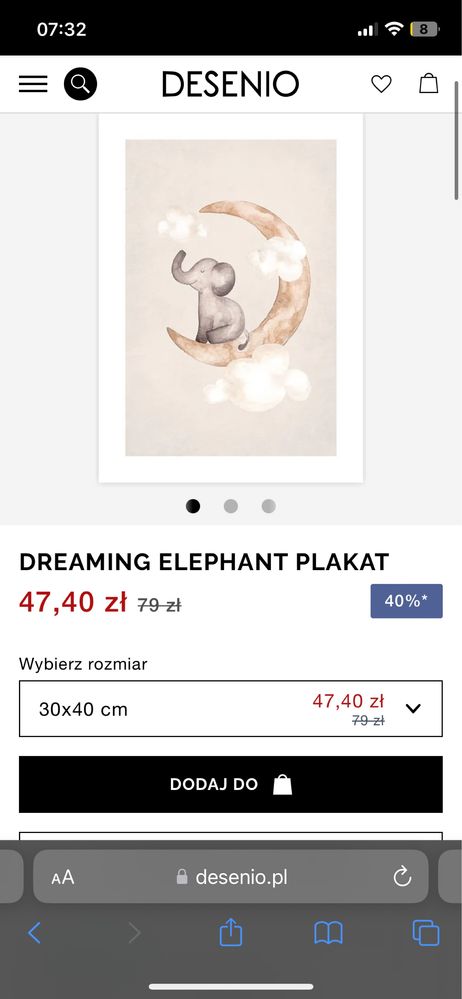 Plakat desenio 30x40 do pokoju dzieciecego slonik w chmurach